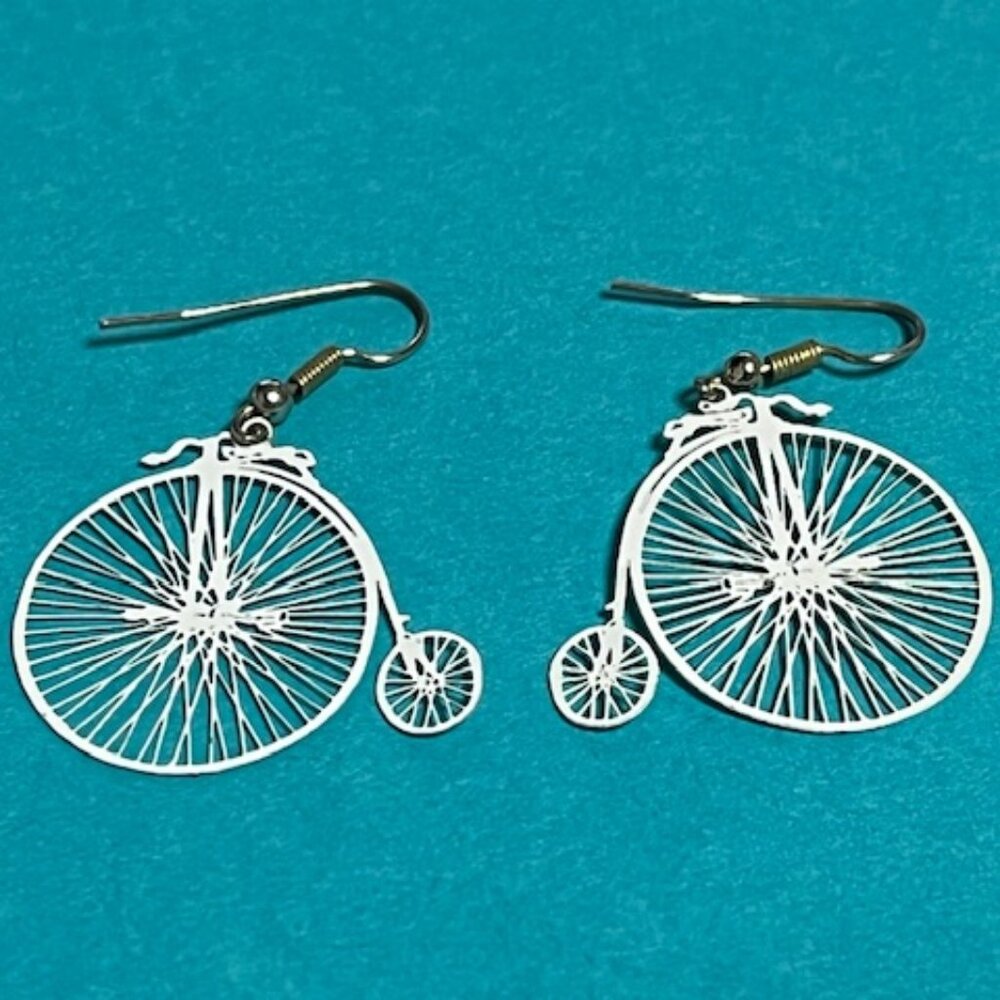 White Colored Old Fashioned Style Bicycle Pierced Earrings 2"x1.25"